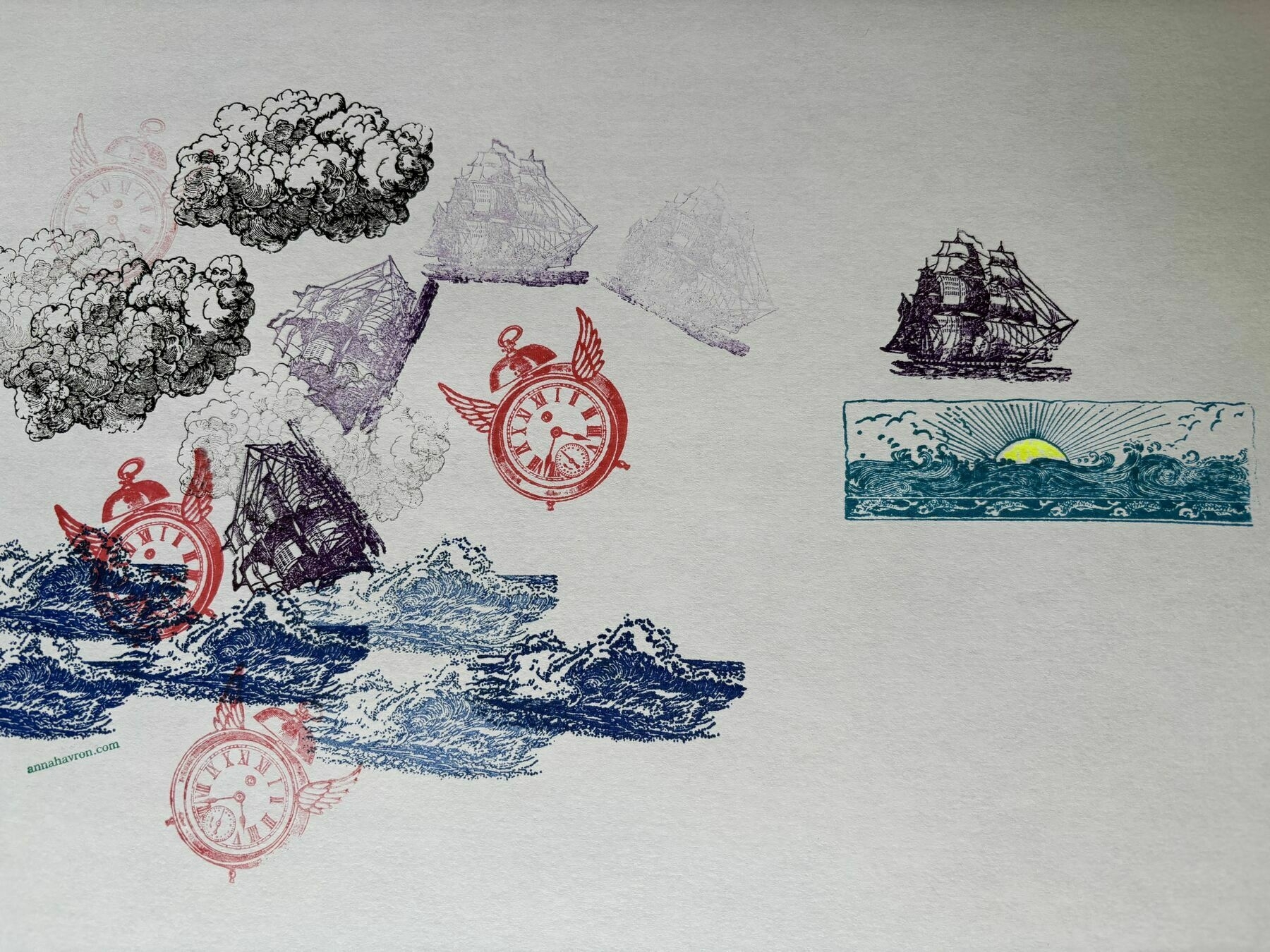 rubber stamp images of clouds, waves, and ships